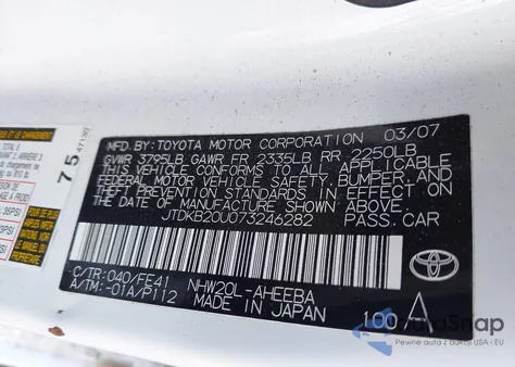 2007 Toyota Prius from USA, damaged, VIN JTDKB20U073246282